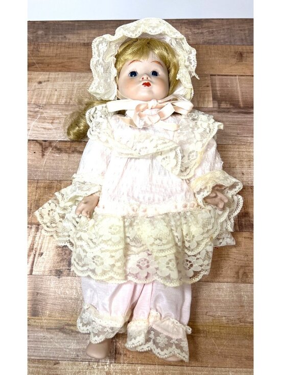 None Other - Porcelain Doll In Pink Lace Dress With Bonnet – Vintage Collectible